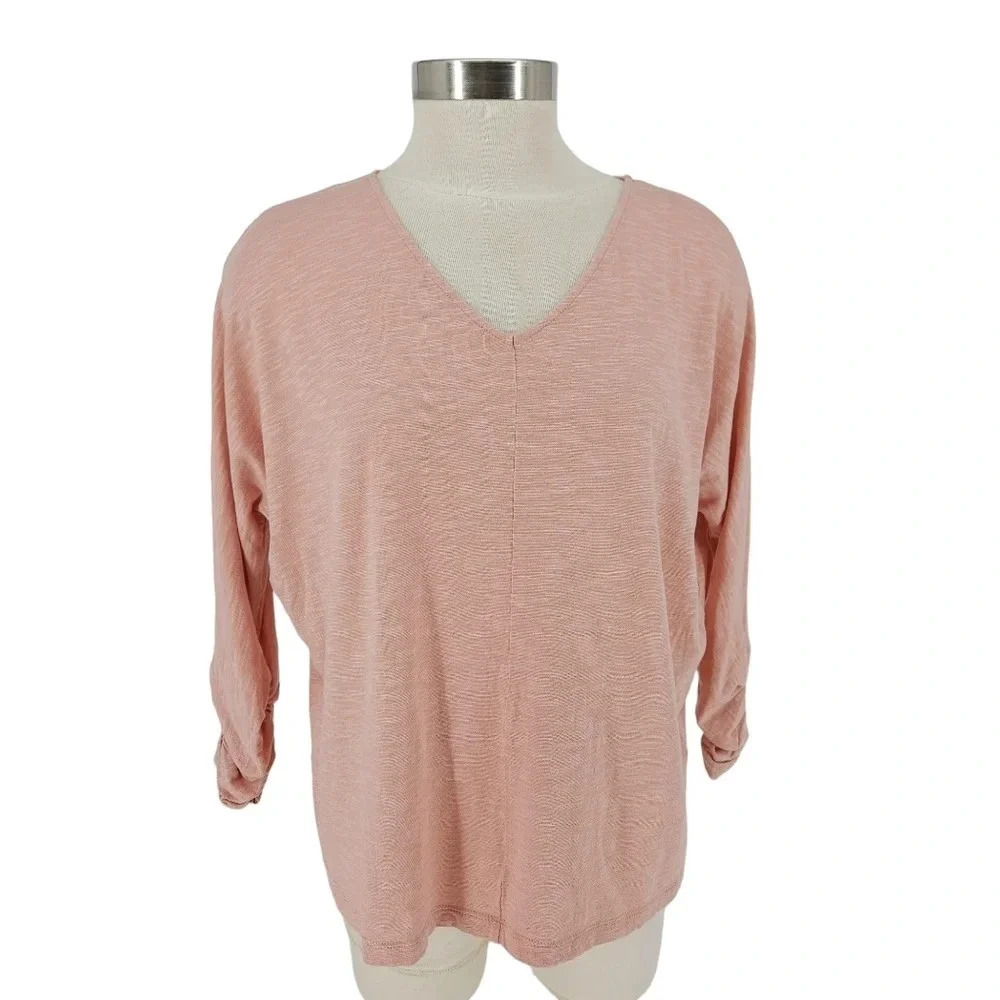 Garnet Hill Boxy Shirt Pink Ruched 3/4 Sleeve Lightweight V Neck Top